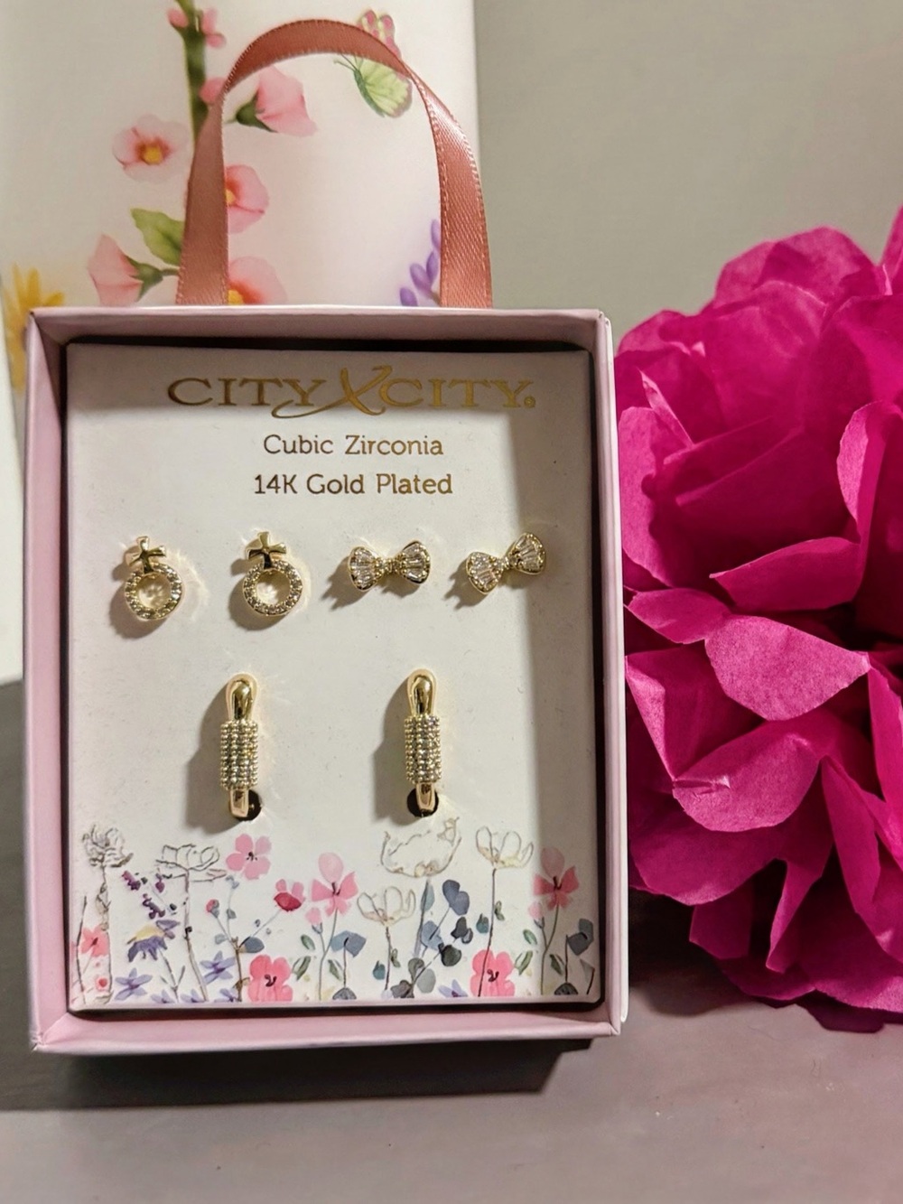 14K Gold Plated Cubic Zirconia Stud Earring Set - Pink